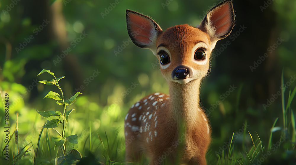 A cute little deer is standing in a lush green field A cute little deer is standing in a lush green field