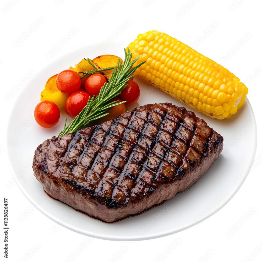 Grilled Beef Steak Served with Fresh Vegetables and Corn on a White Plate, Showcasing a Delicious and Well-Plated Meal Ideal for Food Photography and Culinary Display Grilled Beef Steak Served with Fresh Vegetables and Corn on a White Plate, Showcasing a Delicious and Well-Plated Meal Ideal for Food Photography and Culinary Display