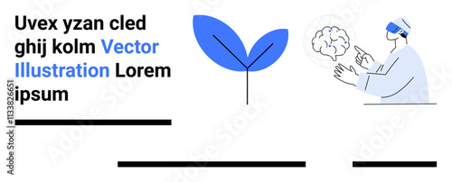 Professional interacts with virtual brain using VR headset next to green leaf icon. Ideal for innovation, technology, education, health, sustainability, creative projects, marketing. Landing page