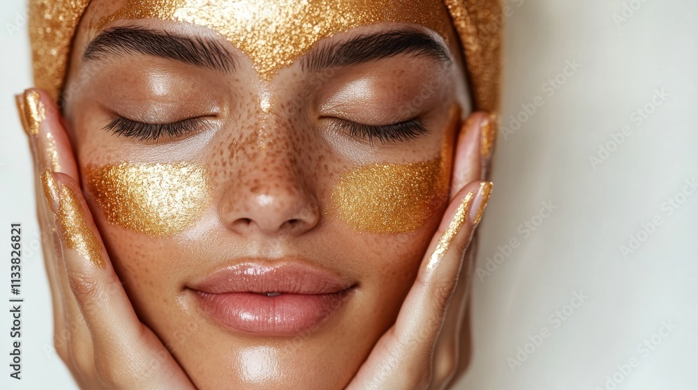 A serene close-up of a person enjoying a spa treatment with golden facial mask and relaxed expression. A serene close-up of a person enjoying a spa treatment with golden facial mask and relaxed expression.