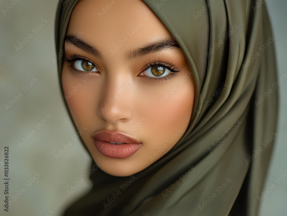 Closeup Portrait of a Woman Wearing a Olive Green Hijab, Elegant and Serene Beauty, Soft Focus, Fashion Photography Closeup Portrait of a Woman Wearing a Olive Green Hijab, Elegant and Serene Beauty, Soft Focus, Fashion Photography
