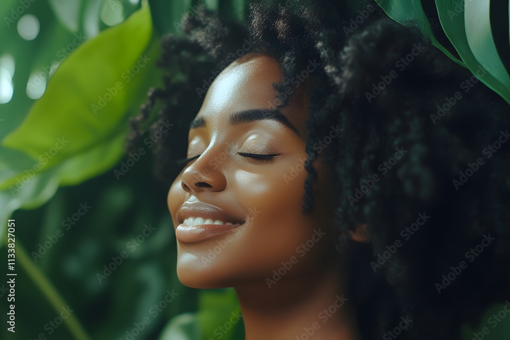 an African American woman with her eyes closed, smiling and enjoying the moment in front of monstera leaves. The background is lush greenery an African American woman with her eyes closed, smiling and enjoying the moment in front of monstera leaves. The background is lush greenery