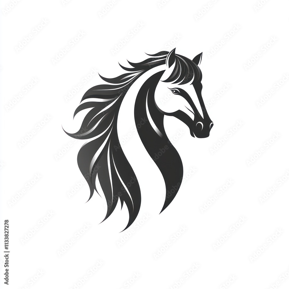 Vector graphic of a horse head profile, stylized and elegant, with flowing mane and tail. Vector graphic of a horse head profile, stylized and elegant, with flowing mane and tail.