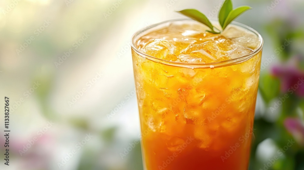 Refreshing Iced Tea in a Glass with Green Leaf Refreshing Iced Tea in a Glass with Green Leaf