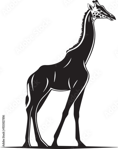 Silhouette of a giraffe standing black and white