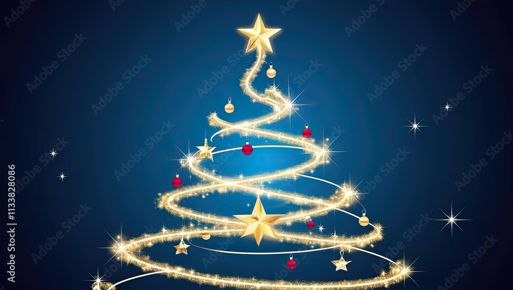 Twinkling stars and decorations add festive sparkle to the abstract silhouette of a Christmas tree made of swirling lines of light against a deep blue background Twinkling stars and decorations add festive sparkle to the abstract silhouette of a Christmas tree made of swirling lines of light against a deep blue background