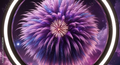 Using fireworks that mimic a galaxy effect with bright swirls of purples blues and silvers photo