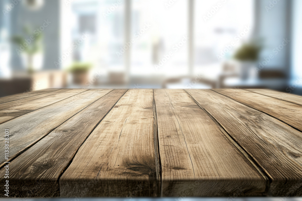 rustic wooden table top with blurred background of bright, modern interior. warm tones of wood create cozy atmosphere, perfect for gatherings rustic wooden table top with blurred background of bright, modern interior. warm tones of wood create cozy atmosphere, perfect for gatherings