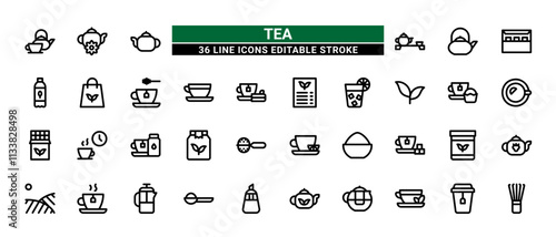36 Tea Line Icons Set Pack Editable Stroke Vector Illustration.