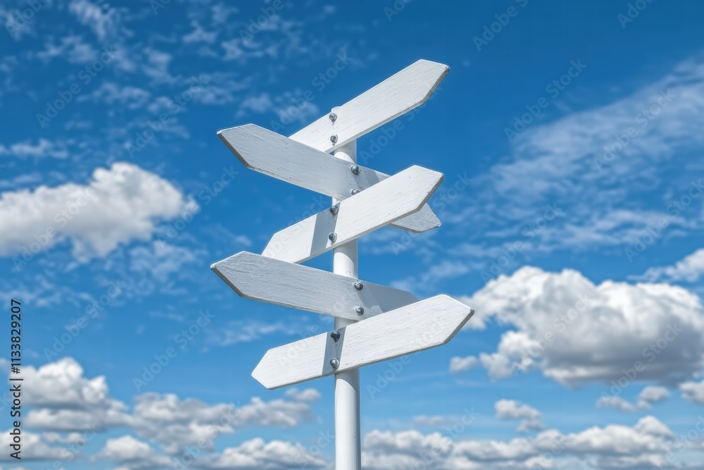 White Directional Signpost Against a Blue Sky with White Clouds White Directional Signpost Against a Blue Sky with White Clouds