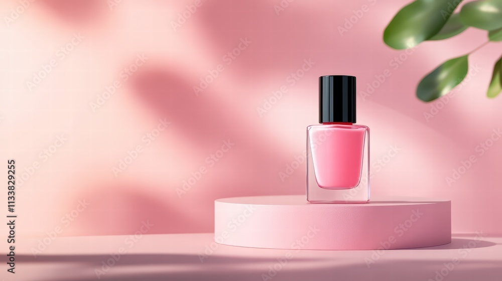 Bright Pink Nail Polish Bottle on Minimalist Pink Background Bright Pink Nail Polish Bottle on Minimalist Pink Background