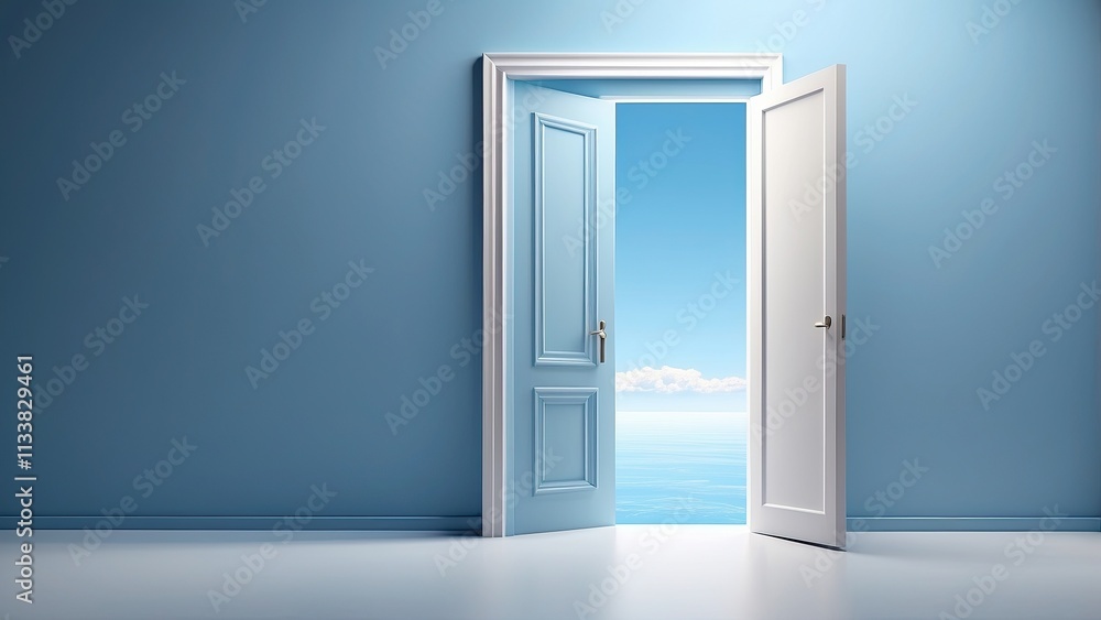 minimalistic 3d rendering of an open door in a clean blue space, symbolizing opportunity and potential, with soft shadows creating depth and a sense of openness minimalistic 3d rendering of an open door in a clean blue space, symbolizing opportunity and potential, with soft shadows creating depth and a sense of openness