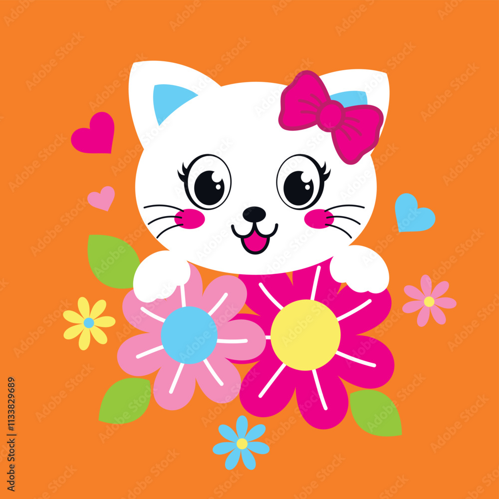 Vector illustration of cute cat with beautiful flowers Vector illustration of cute cat with beautiful flowers