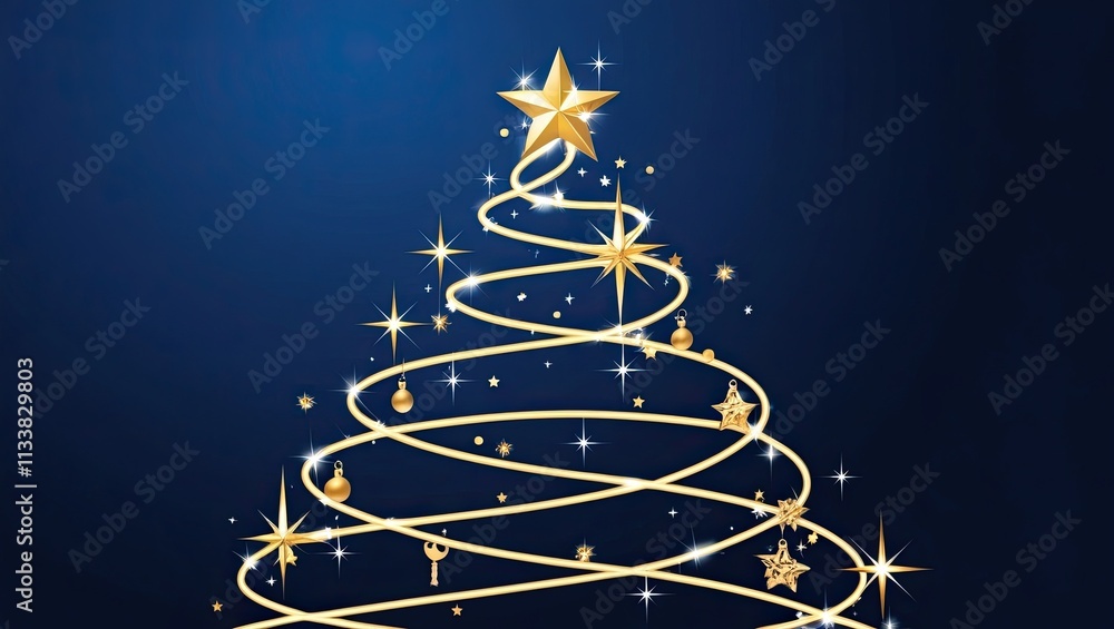 Twinkling stars and decorations add festive sparkle to the abstract silhouette of a Christmas tree made of swirling lines of light against a deep blue background Twinkling stars and decorations add festive sparkle to the abstract silhouette of a Christmas tree made of swirling lines of light against a deep blue background