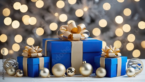 Stylish blue gift box arrangement with gold ribbons background with soft focus and sparkling lights festive ambiance, opulent holiday theme, and monochrome blue color scheme photo