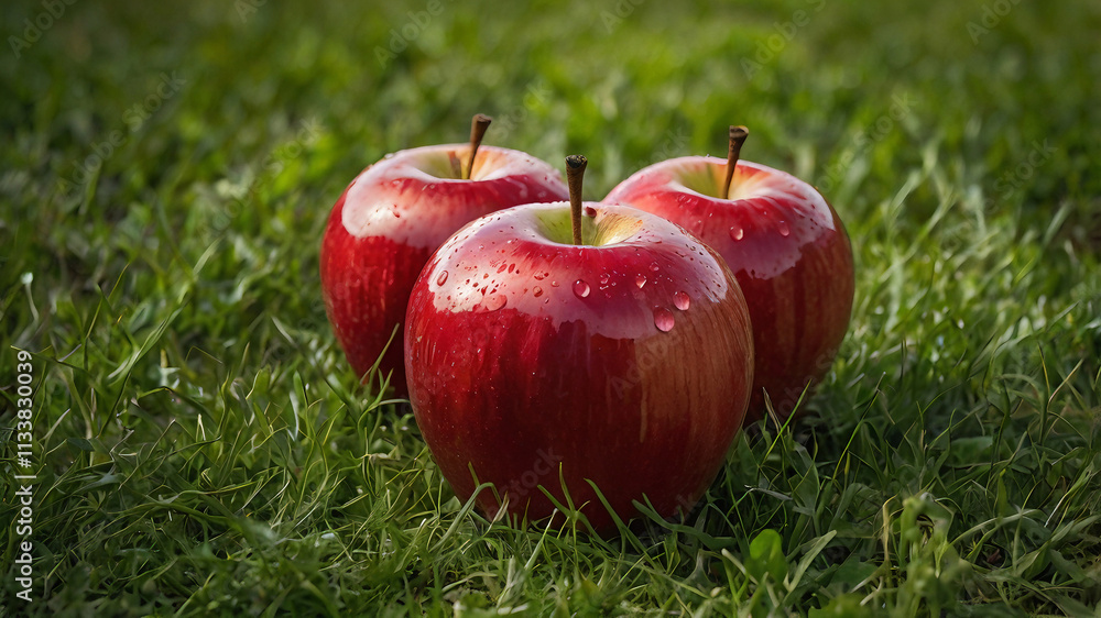 red apples placed gently on a lush green patch of grass. The apples are glossy, with deep red hues and subtle green spots near the stem, showcasing their freshness. Each apple has droplet red apples placed gently on a lush green patch of grass. The apples are glossy, with deep red hues and subtle green spots near the stem, showcasing their freshness. Each apple has droplet