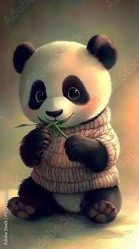 Adorable panda cub in a sweater eating bamboo. photo