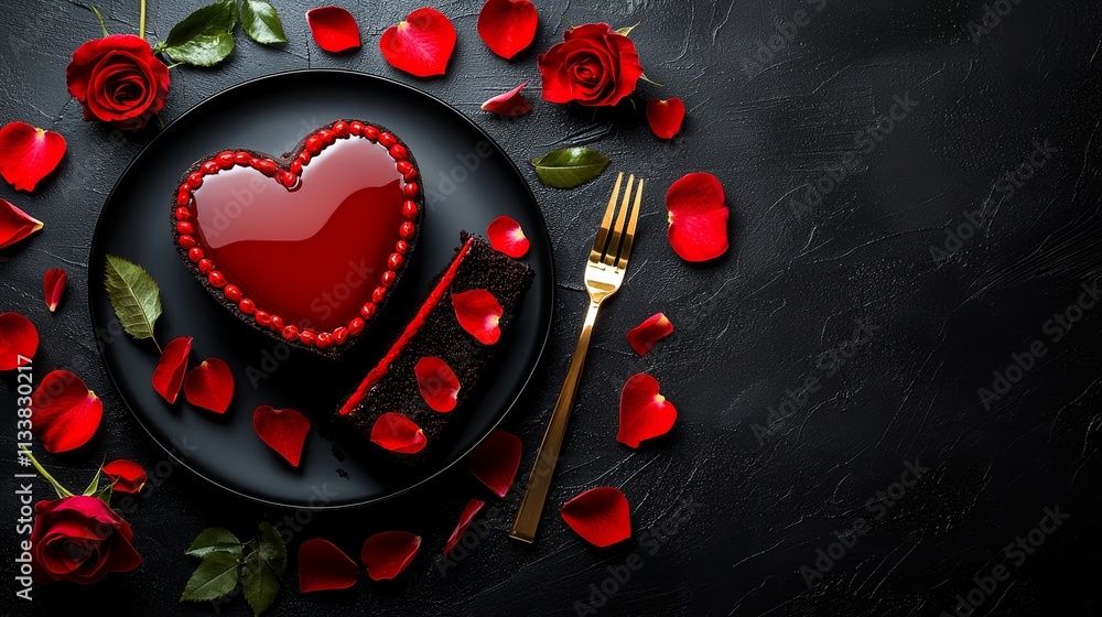 Romantic Heart-Shaped Dessert on Black Plate Surrounded by Red Roses and Petals for Special Occasions Romantic Heart-Shaped Dessert on Black Plate Surrounded by Red Roses and Petals for Special Occasions