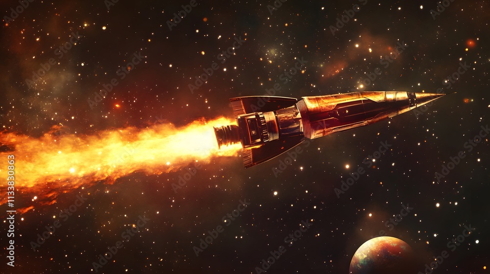Fototapeta premium Golden Rocket Soaring Through Starry Cosmic Expanse