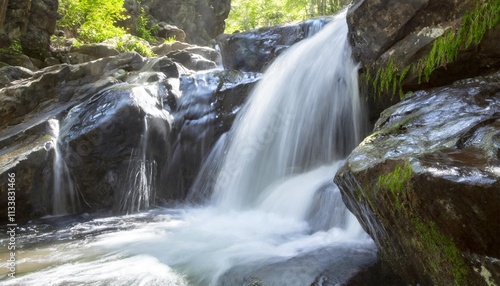 Crystal Clear Waterfall Cascading Over Jagged Rocks in Hidden Forest Valley