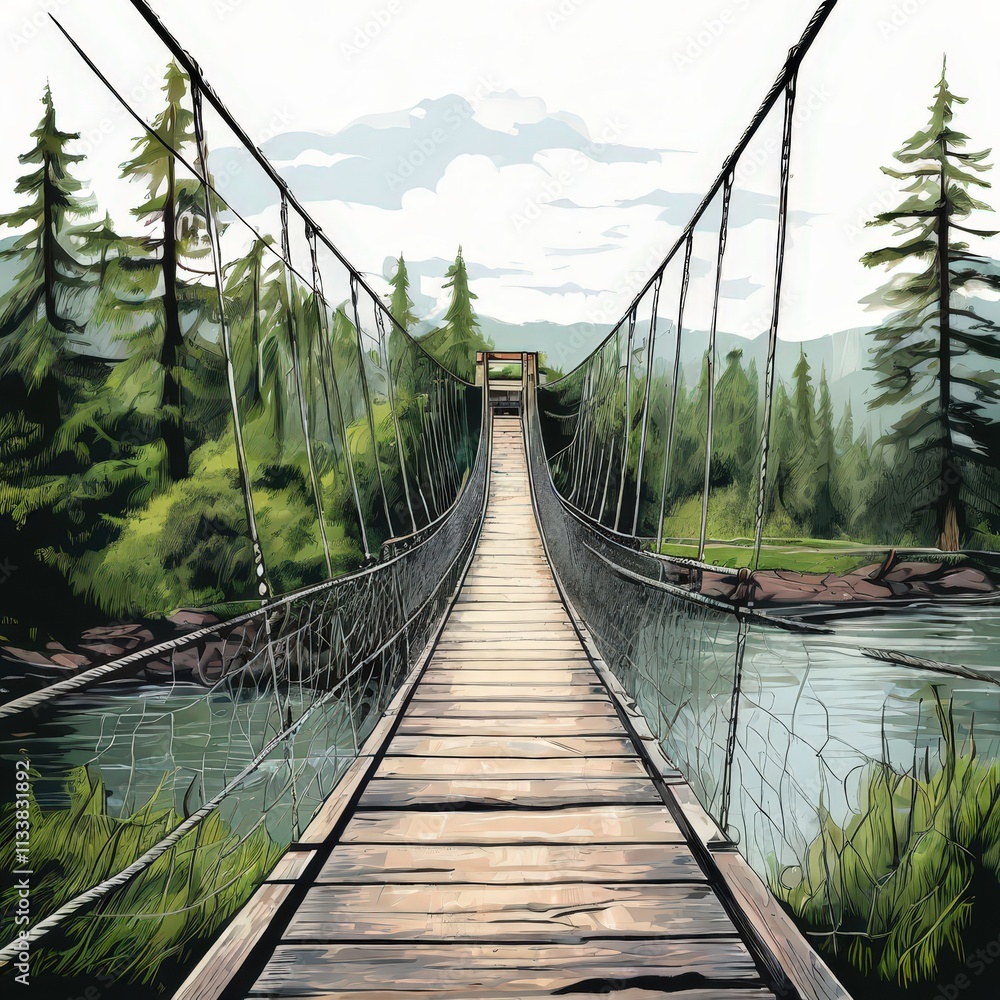 Obraz premium the AI Image Generator, Suspension Bridge Over Serene Forest River Landscape