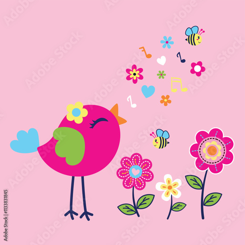 Adorable singing bird vector illustration surrounded by vibrant flowers and playful cute insects in a cheerful nature scene  