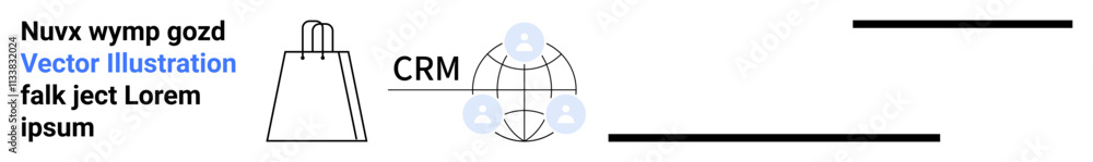 Bag icon, CRM globe with interconnected people icons, black text lines. Ideal for digital marketing, e-commerce, customer relationship management, online shopping, business strategy, sales marketing Bag icon, CRM globe with interconnected people icons, black text lines. Ideal for digital marketing, e-commerce, customer relationship management, online shopping, business strategy, sales marketing