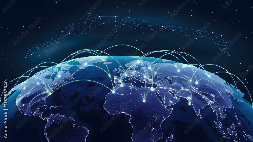 Fototapeta premium Communication technology, global internet network over Earth. Telecommunication and data transfer, connection links.