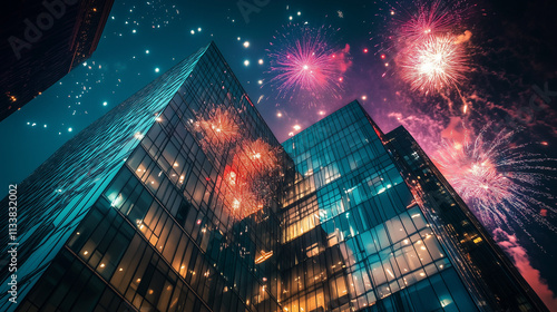 office building at night illuminated by colorful fireworks exploding in the sky above photo