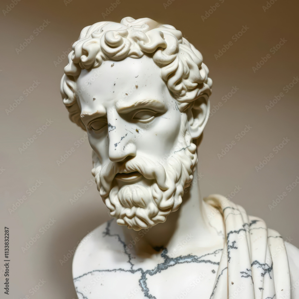 Detailed marble bust of a man with beard and curls, antique sculpture Detailed marble bust of a man with beard and curls, antique sculpture
