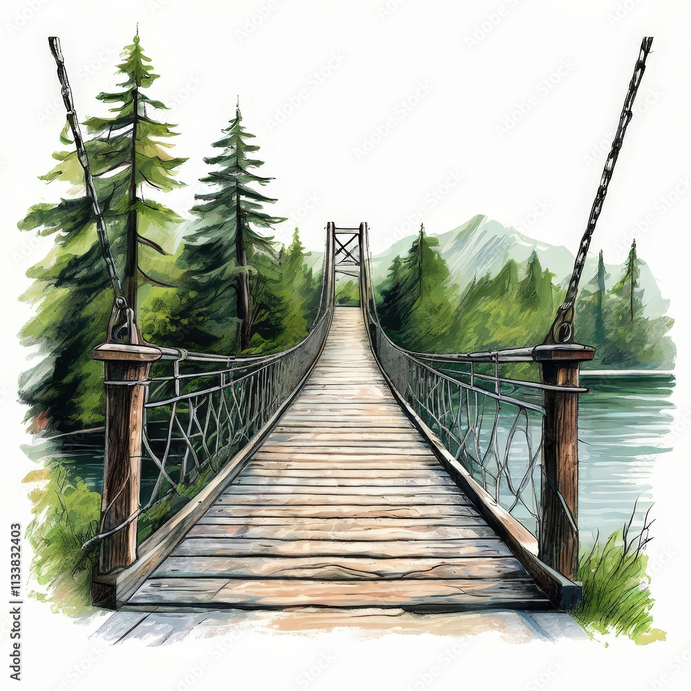 Obraz premium the AI Image Generator, Suspension Bridge Over Serene Forest River Landscape