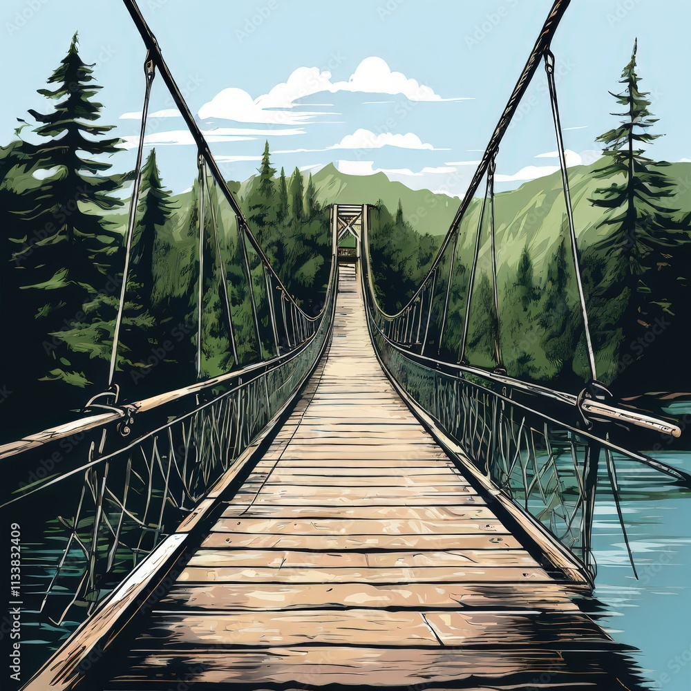 Obraz premium the AI Image Generator, Suspension Bridge Over Serene Forest River Landscape