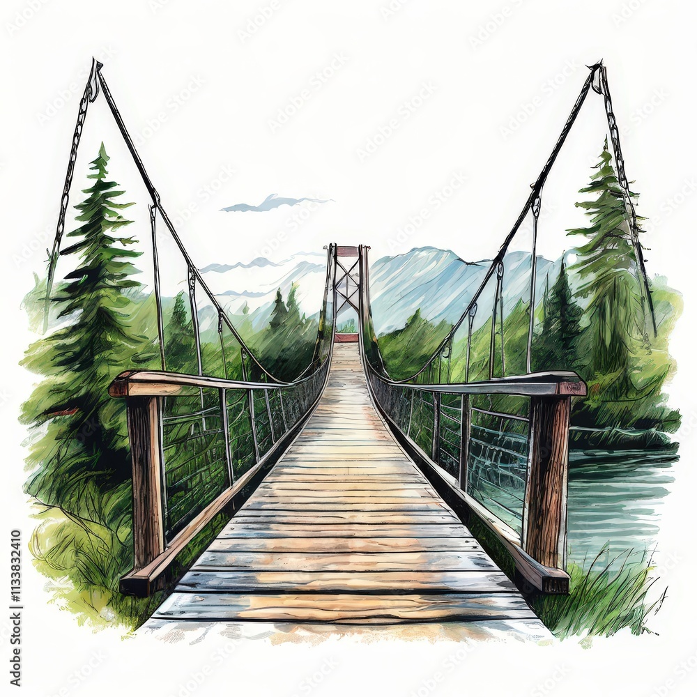 Fototapeta premium the AI Image Generator, Suspension Bridge Over Serene Forest River Landscape