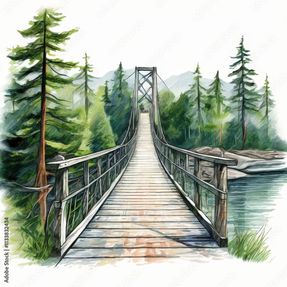 Obraz premium the AI Image Generator, Suspension Bridge Over Serene Forest River Landscape