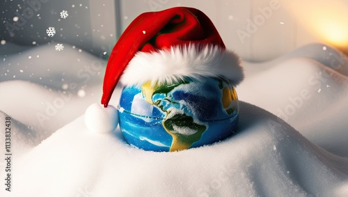 During the holiday season, a globe with a Santa hat resting on snow represents unification and the spirit of the world. An ideal idea for the entire world... See More photo