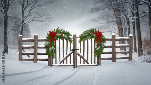 A wooden fence gate in the center of a peaceful winter woodland scene evokes a sense of celebration. photo