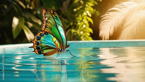 Delicate reflections and soft lighting create a beautiful and tranquil atmosphere as an elegant butterfly rests quietly on calm turquoise water. photo