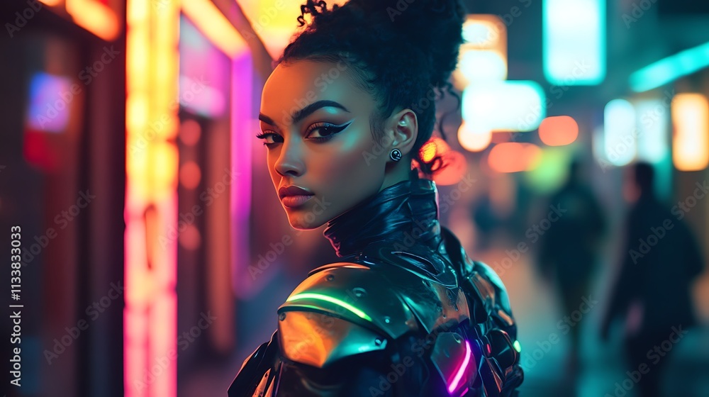 Futuristic Woman Posing in Neon City Lights Futuristic Woman Posing in Neon City Lights