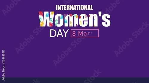 Happy Women's Day text animation on purple background.