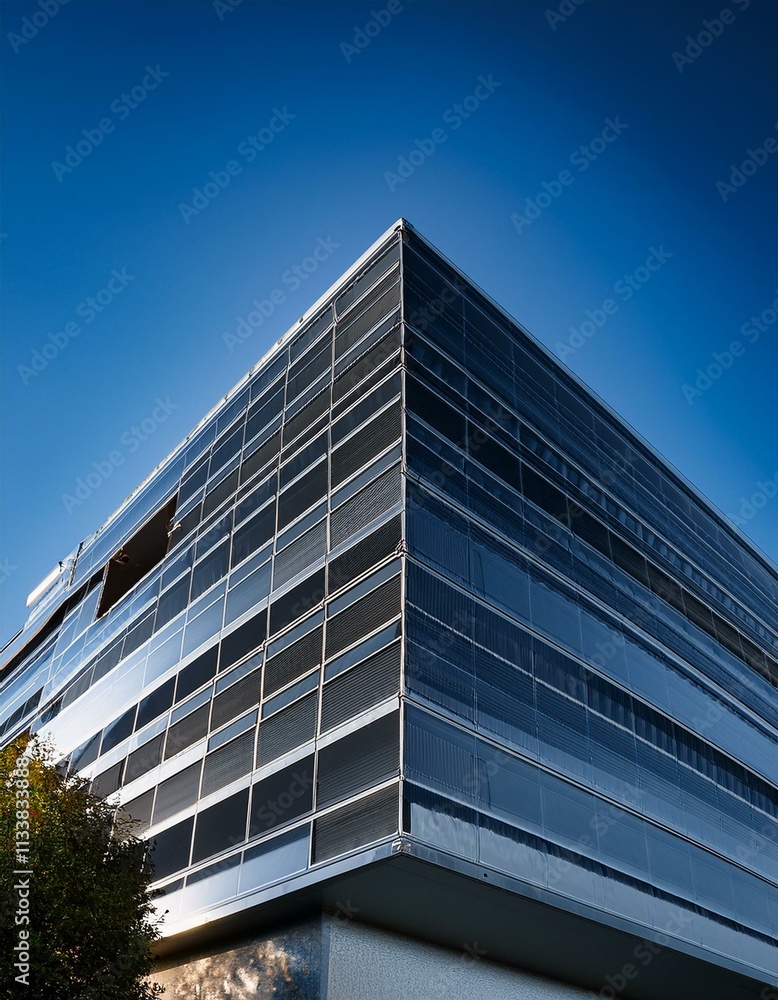 Modern building's glass facade against a vibrant blue sky. Modern building's glass facade against a vibrant blue sky.