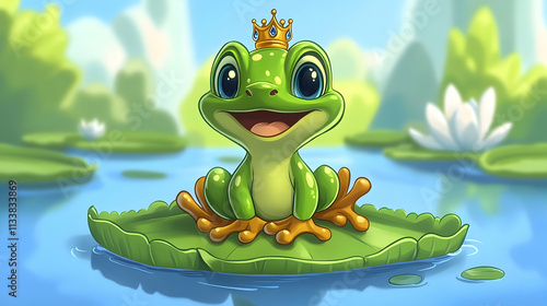 Cute cartoon frog prince wearing a crown sits on a lily pad in a pond. photo