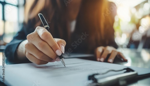 A person signs off on project documents, ensuring final assessment is met.