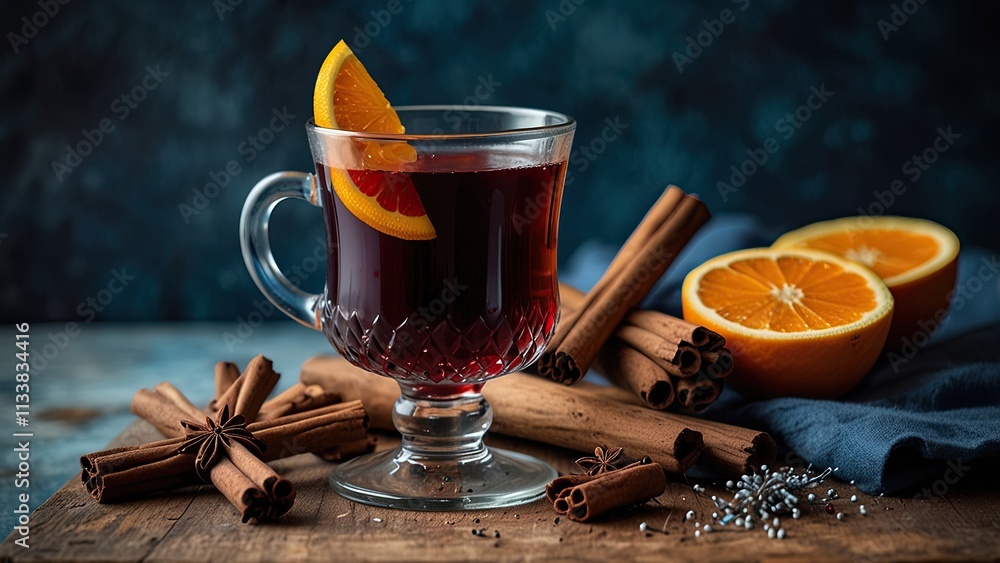On an antique rustic wooden plank with a blue backdrop and a winter landscape, a glass of mulled red wine with cinnamon On an antique rustic wooden plank with a blue backdrop and a winter landscape, a glass of mulled red wine with cinnamon