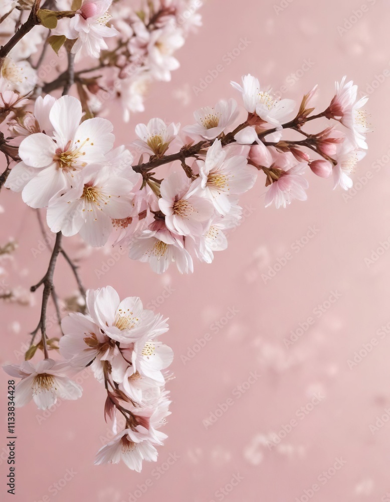 Fototapeta premium Pale pink background with scattered white cherry blossoms, surface design, season, minimalist, Botanical art, greeting card