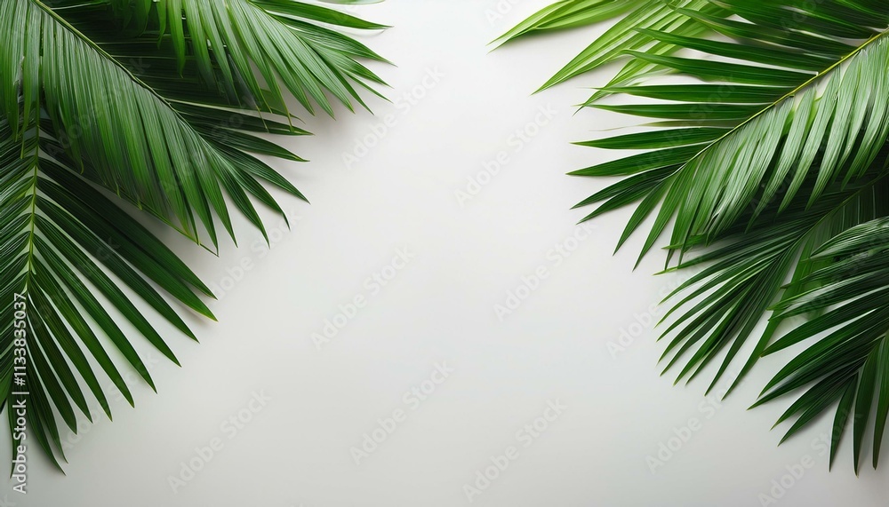 Fototapeta premium Lush green palm fronds on a white background.