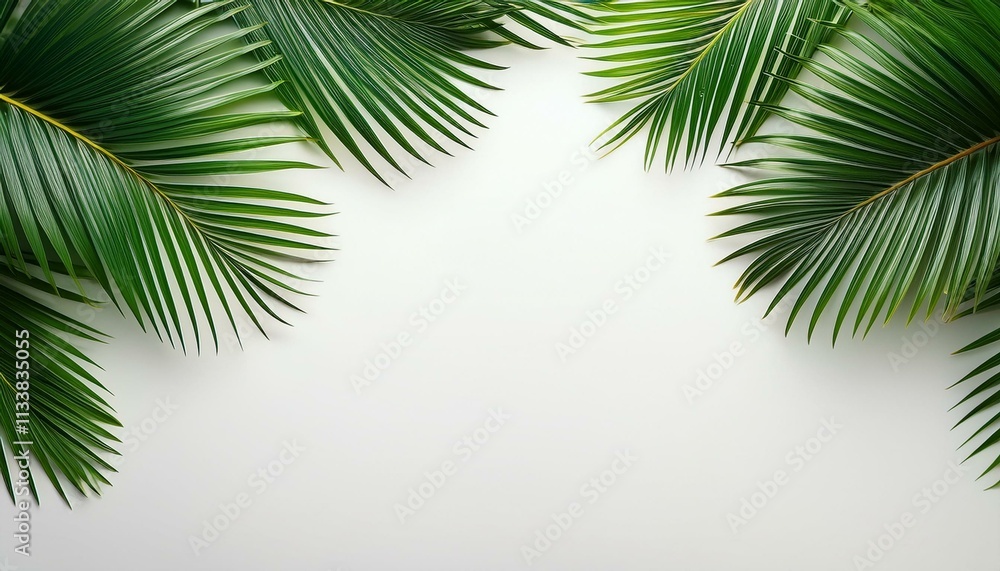 Fototapeta premium Lush green palm fronds frame a white background.