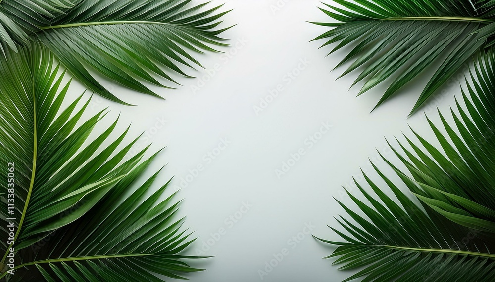 Naklejka premium Lush green palm fronds arranged on a pale backdrop.