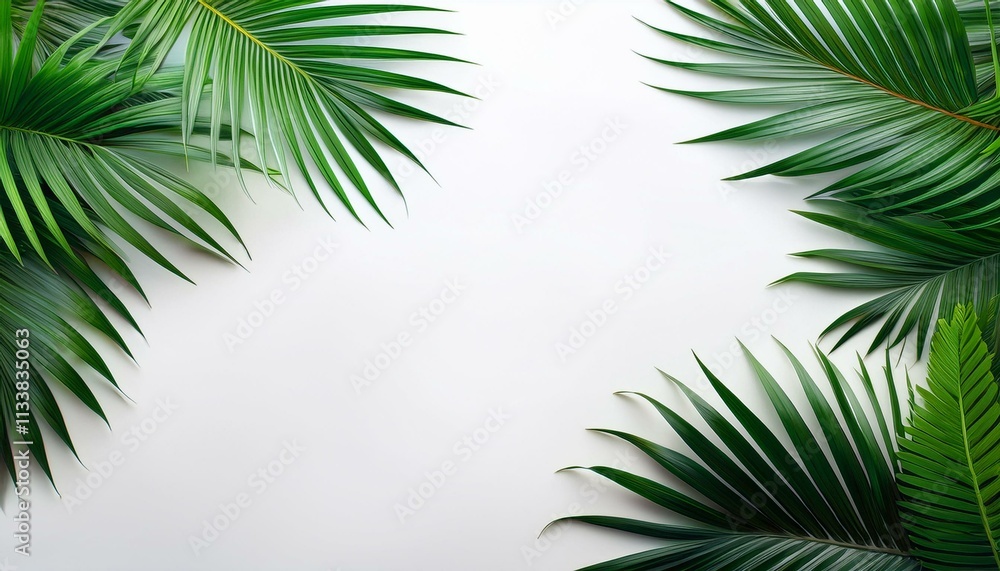 Lush green palm leaves frame a clean white background, creating a vibrant tropical vibe. Lush green palm leaves frame a clean white background, creating a vibrant tropical vibe.
