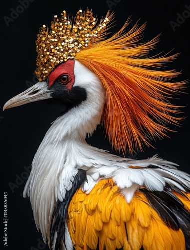 Regal Grey Crowned Crane adorned with a golden crown, striking profile against a dark background.  A captivating image of wildlife elegance and artistry.