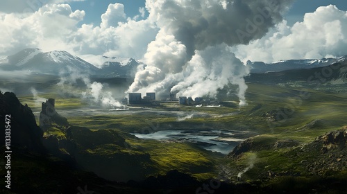 Geothermal Plant Amidst Mountainous Landscape photo